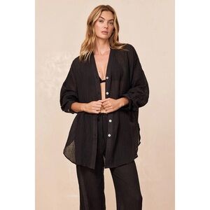 MONDAY Swimwear Barcelona Tunic in Black Crinkle Linen Beach Resort Natural